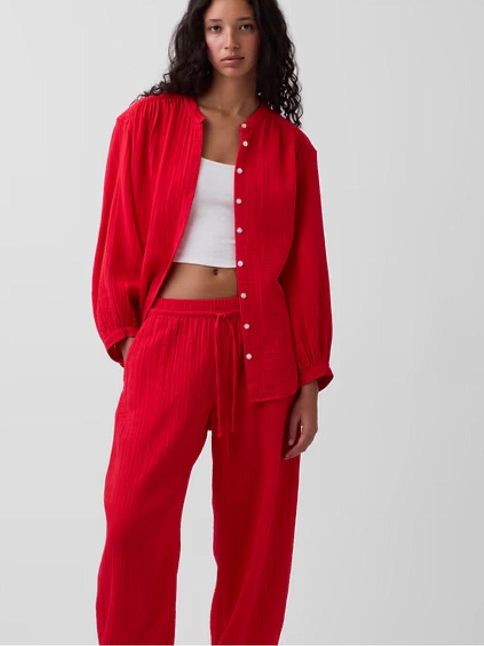 Gap Cotton Gauze 2 Piece Set Oversized Collarless Shirt & Easy Barrel Pants NEW